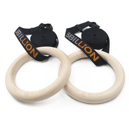 5BILLION Wooden Gymnastic Rings for Fitness Training with High-Strength Nylon Straps, Metal Quick Lock Buckles, Adjustable - 32mm