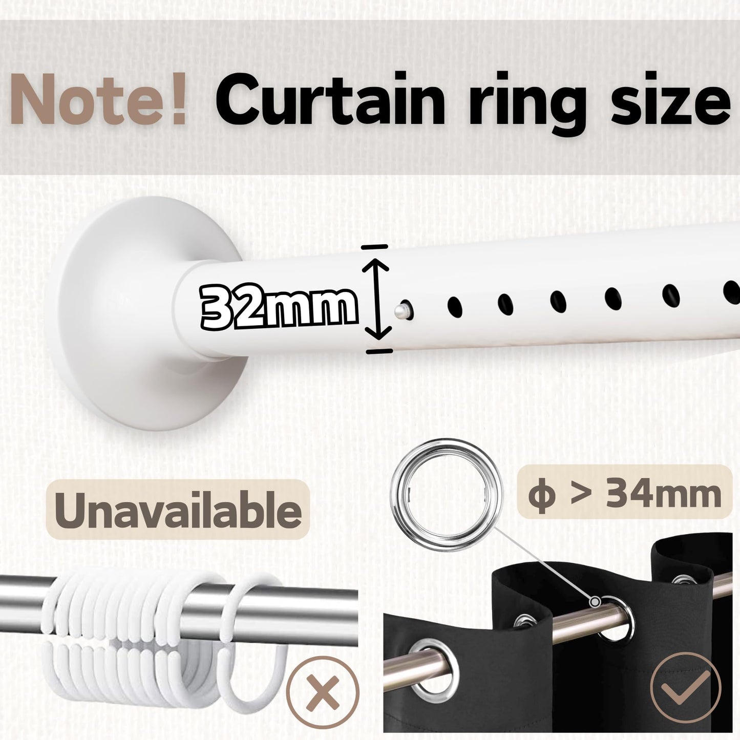 Tension rod without drilling Black telescopic curtain rod Clamp rod for wardrobe, bathroom, balcony, shower curtain rod (160-220CM Φ32mm)