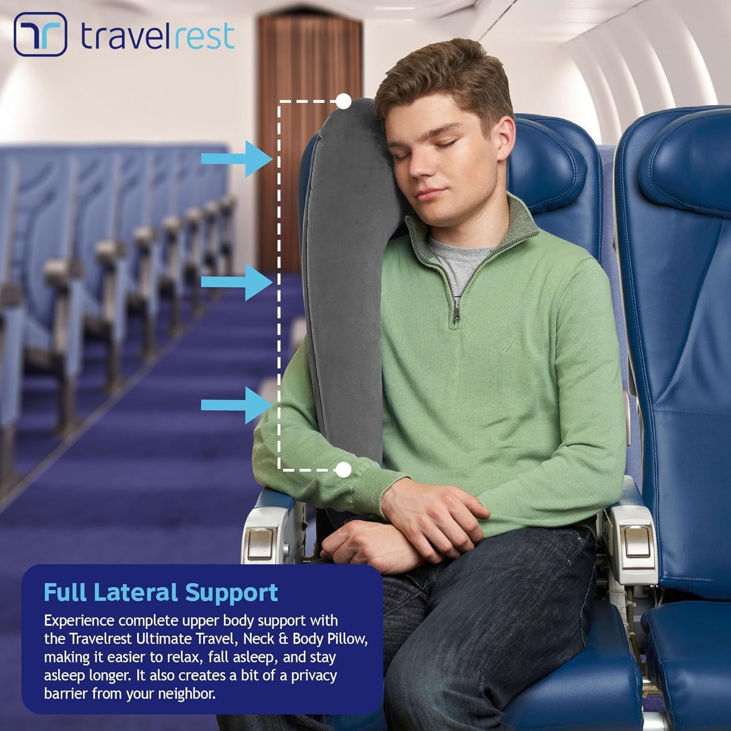 Travelrest Ultimate Travel Pillow for Neck and Body, inflatable, space-saving, for sleeping on long flights, napping on road trips, for traveling in car and bus, Gray.