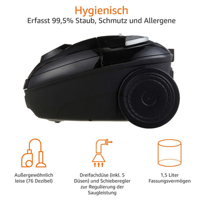 Amazon Basics Bagged Vacuum Cleaner - VCB35B15C-1J7W-70, powerful, compact, and lightweight, for hard floors and carpets, HEPA filter, 700W, 1.5L, EU, Black