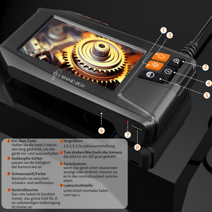 Endoscope camera with light 5m, Ennovor 1080P HD Digital Endoscope with 4.3-inch IPS screen, IP67 Waterproof Pipe Camera with 8 adjustable LEDs, 8mm snake camera inspection camera.