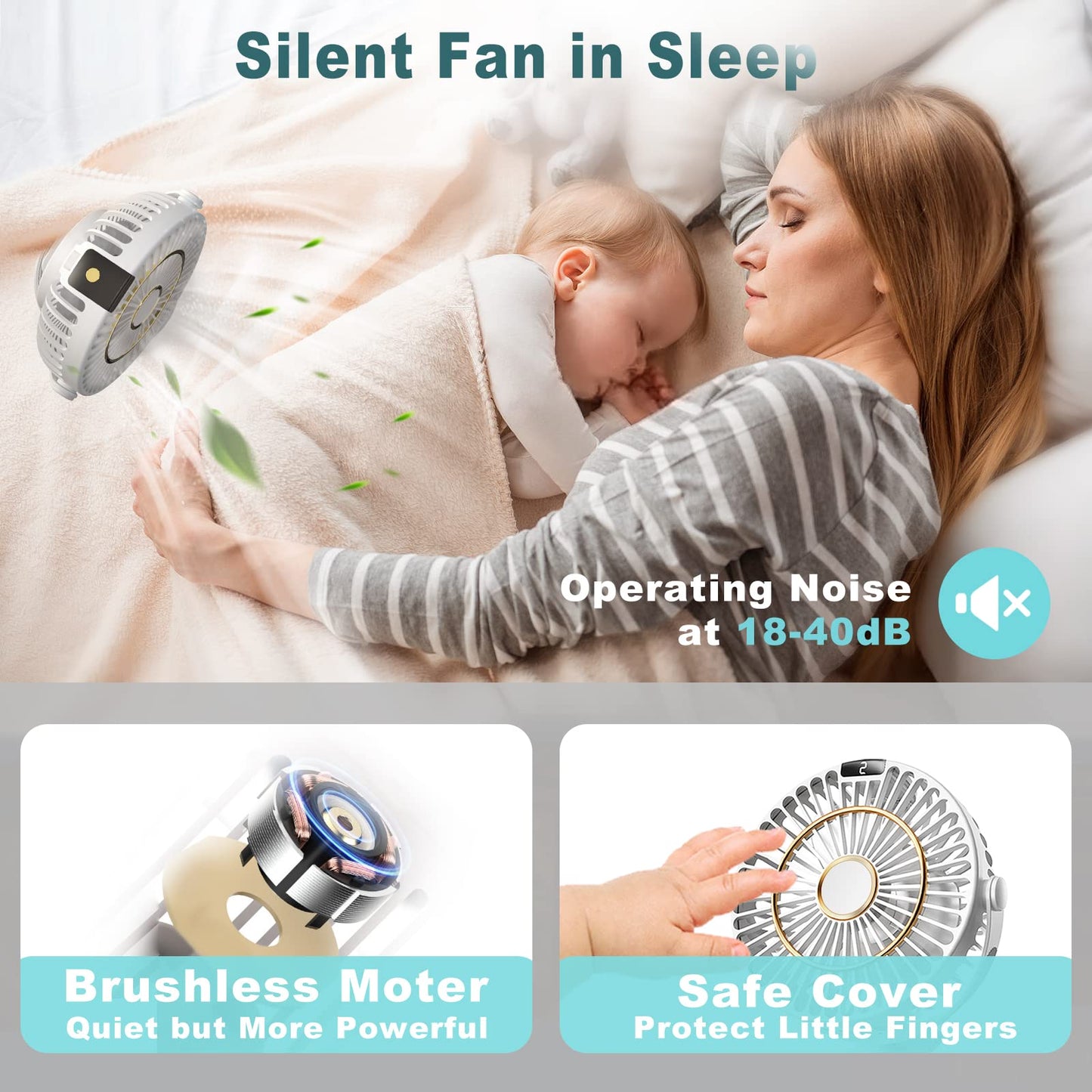 COZII Mini Fan, Clip Fan USB Fan Desk Fan Quiet with Battery, 5 Speeds 720° Rotation, 16cm Portable Table Fan for Home, Office, Outdoor, Travel (White)