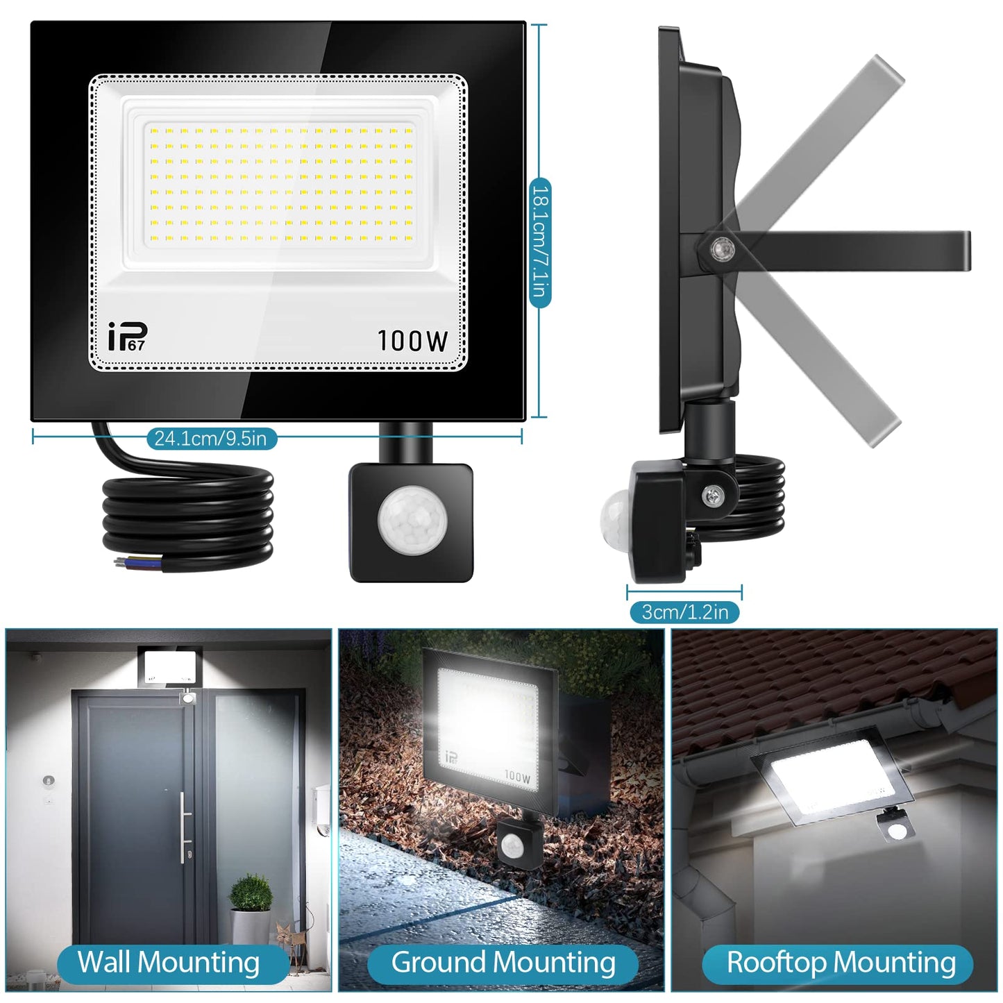 YZYFACAI 100W LED Floodlight with Motion Sensor Outdoor 2Pcs, Super Bright 10000LM LED Spotlight, 7000K Daylight White Spotlight, IP67 Waterproof Outdoor Floodlights, for backyard, courtyards, driveway, garage, hallway.