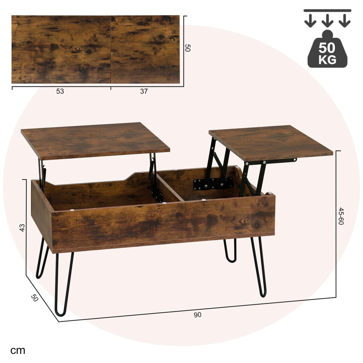 WOLTU coffee table adjustable in height, side table with double lifting plates, lift-top table, living room table, hidden storage space, rustic brown, wood-metal composite, BTS14vbn