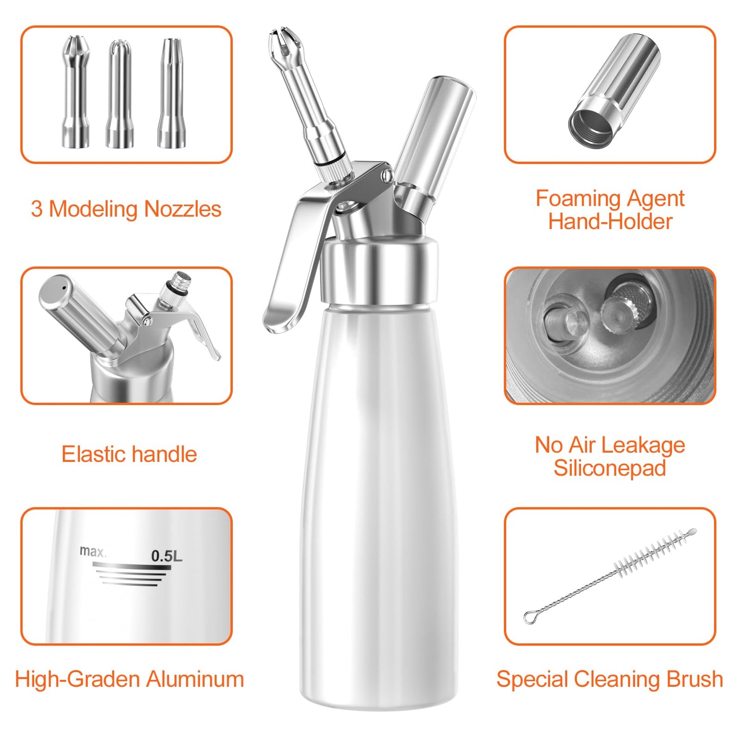 Newaner 500ml cream dispenser, cream syphon aluminum with 3 stainless steel decorative nozzles and 1 cleaning brush, leak-proof cream siphon for preparing whipped cream, cream, mousse, and desserts.