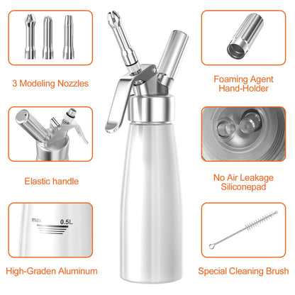 Newaner 500ml cream dispenser, cream syphon aluminum with 3 stainless steel decorative nozzles and 1 cleaning brush, leak-proof cream siphon for preparing whipped cream, cream, mousse, and desserts.