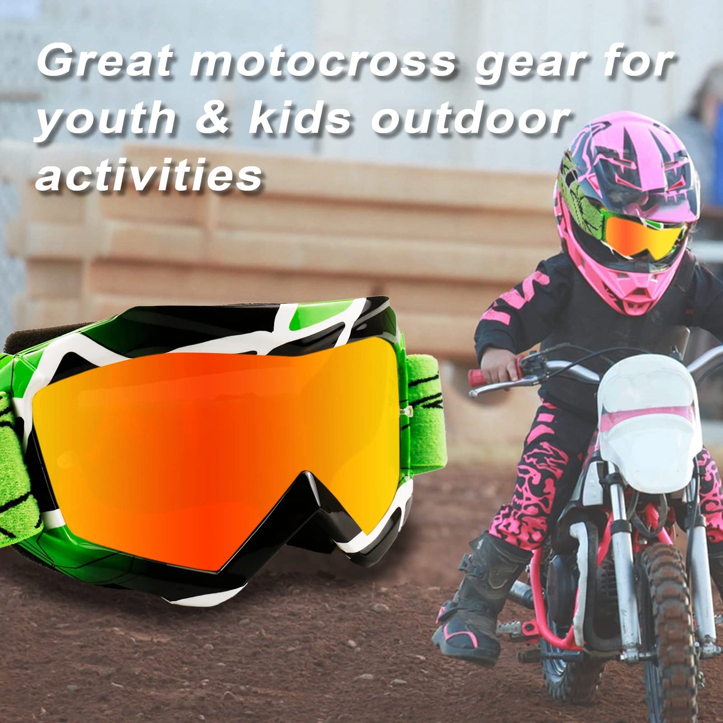 NENKI Kids Motorcycle Goggles, Dirtbike Off-Road Racing Motocross Goggles with TPU Frame and Sponge Layer, Anti-UV Protective Goggles for Children Youth aged 3-12 years.