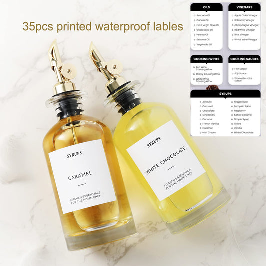 Oil bottle oil dispenser, glass bottle for kitchen 350ML 2Pack Gold, olive oil bottle coffee syrup mouthwash dispenser with weighted pouring spout 35 piece labels vinegar cooking oil dispenser olive oil container