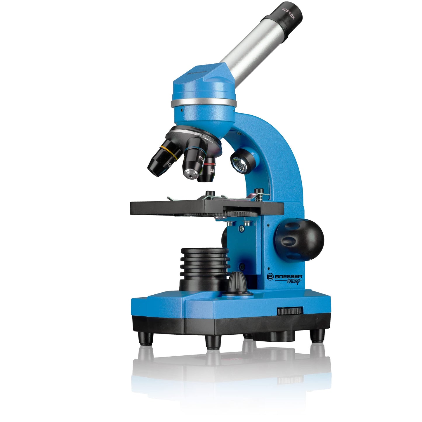 Bresser Junior student microscope BIOLUX SEL with smartphone holder, extensive accessories, and Barlow zoom system for children, beginners, and adults, blue.