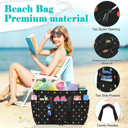 LUROON XXL beach bag with zipper for family, large foldable tote bag for women, ideal for beach, pool, picnic, and travel. Size: 50*35*20cm.