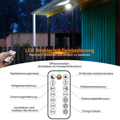MEIKEE 60W LED floodlight with motion sensor, remote control, 5200LM super bright 6500K daylight white LED spotlight. IP66 waterproof with adjustable brightness and timing function. Perfect for garden, garage, yard.