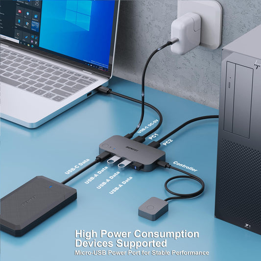 BENFEI USB 3.0 Switch, USB switcher 2 computers with 1x USB C port and 3x USB A ports, 2 in 4 out USB 3.0 switcher with desktop controller, USB KVM switch selector compatible with Windows Mac Linux.