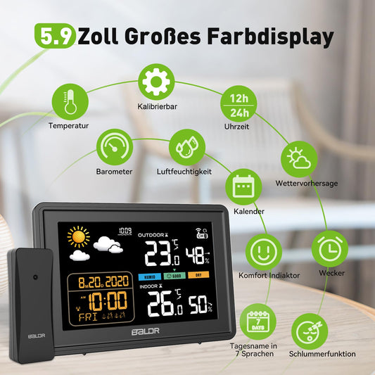 Consen weather station with outdoor sensor DCF radio clock, color display with large numbers for indoor and outdoor temperature, continuous backlight, weather forecast, air pressure display.