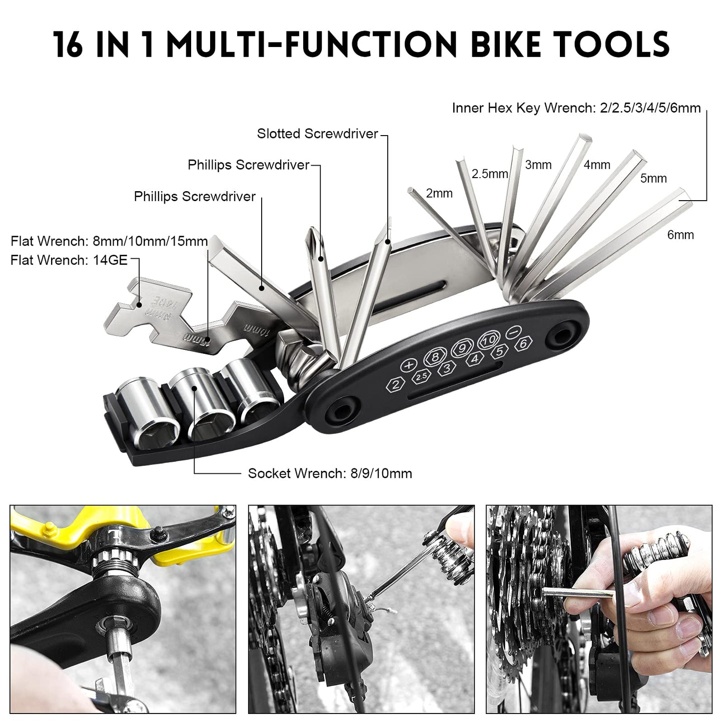 URBZUE Bike Repair Kit, 16-in-1 tool set for bicycle multitool kit. Multi-functional tool for mountain bike without bike symbol. Reflective strips included.