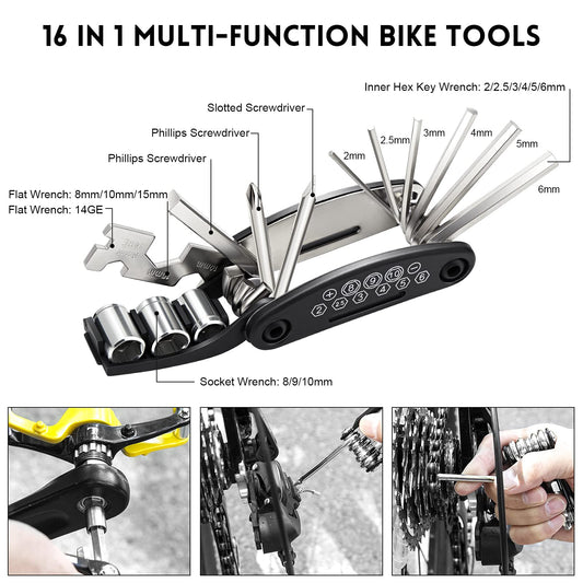 URBZUE Bike Repair Kit, 16-in-1 tool set for bicycle multitool kit. Multi-functional tool for mountain bike without bike symbol. Reflective strips included.