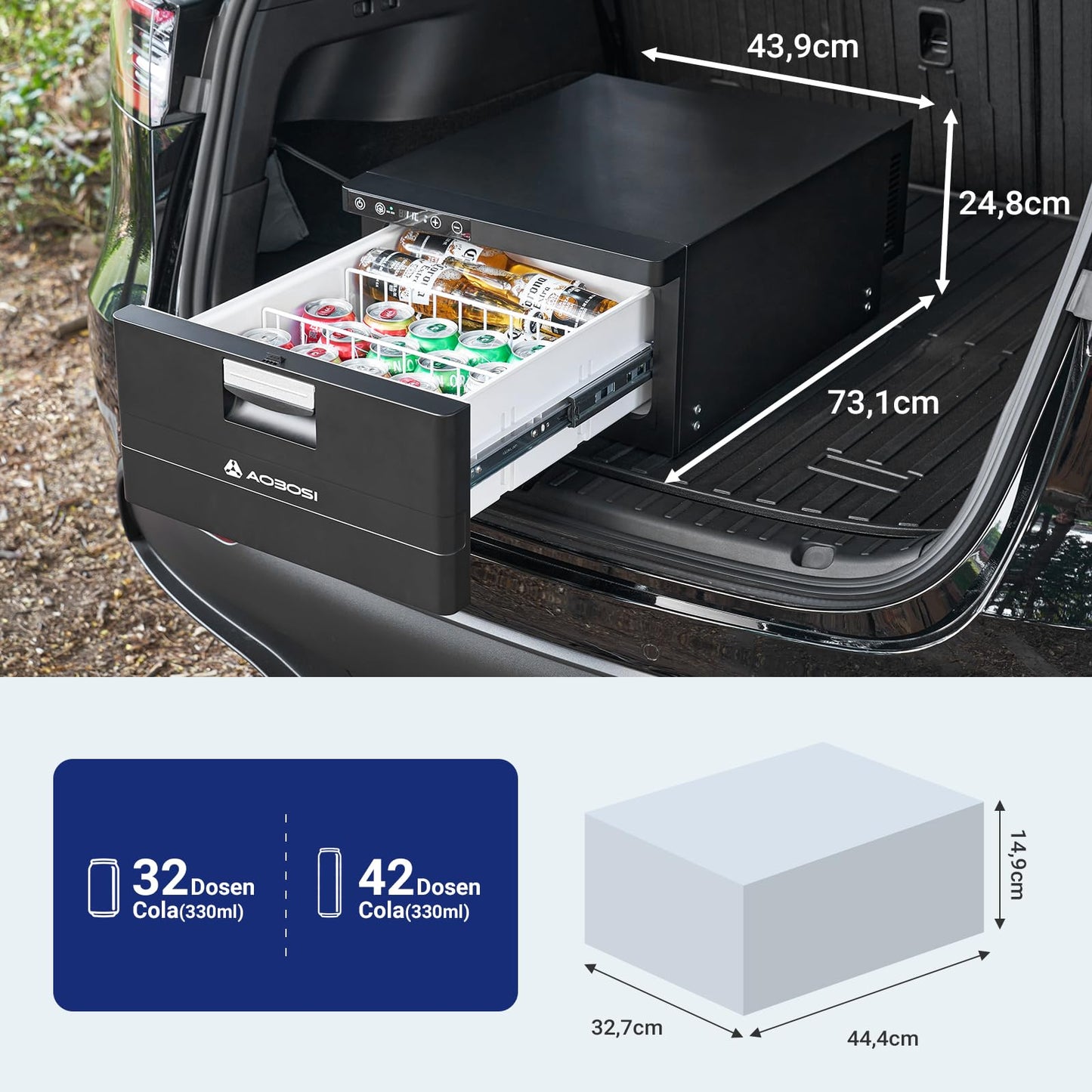 AAOBOSI 31L drawer compressor cooler, RV fridge with APP control, 12/24V, compressor refrigerator, up to -20℃ cooling drawer for car, truck, boat, RV, camping, and outlet.
