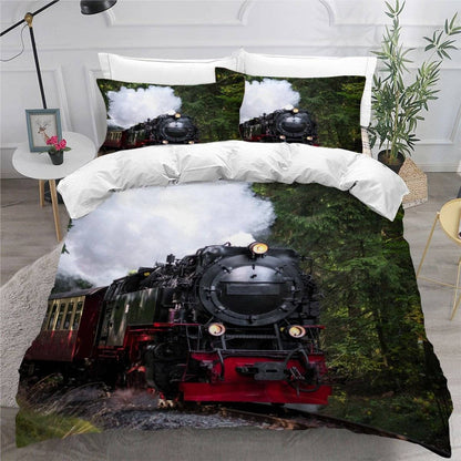 Aurorai bedding set steam locomotive train 3D print bedding 135x200 retro train duvet cover microfiber soft duvet covers with zipper 3 pieces with 2 pillowcases 80x80cm for boys.