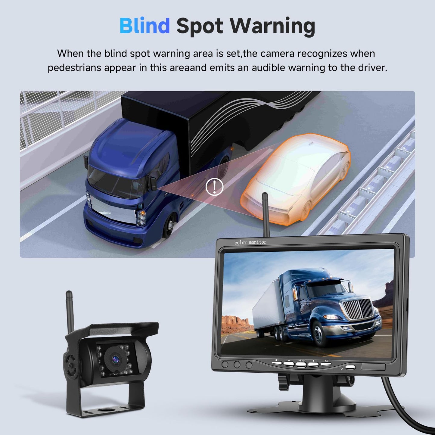 Podofo Wireless Backup Camera Kit HD 1080P, 7-inch monitor with wireless backup camera for trailer, RV, truck, car, bus, IP68 waterproof, night vision, BSD, 12V-36V.