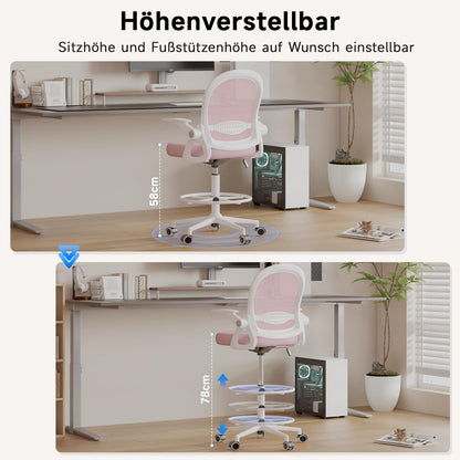 Naspaluro office chair with footrest ring, ergonomic desk chair with breathable mesh, foldable armrests, height adjustable, computer chair, lightweight, 360° swivel chair Pink.