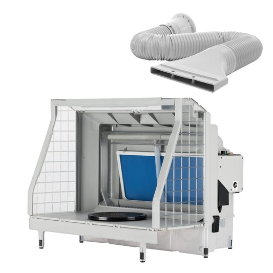 XPOtool airbrush extraction system with water wall 11m³/min, waterfall water shield with LED, and fan for extracting paint mist, high-quality spray booth for airbrush work.