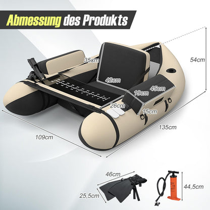 GOPLUS Belly boat, inflatable fishing boat with aluminum paddle, pump, fins, fish ruler, rod holder, and 2 shoulder straps. Supports up to 150kg, measures 135 x 109 x 54 cm. Beige+black color.