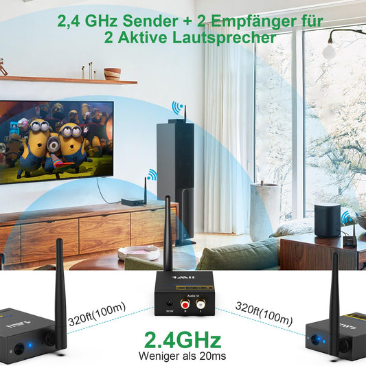 1Mii 3-in-1 Audio Transmitter Receiver, Wireless Transmitter and 2 Receivers, 2.4G Low Delay, 100m Long Range from TV/PC to Active Speaker/Subwoofer/Stereo, RCA Output/Input.