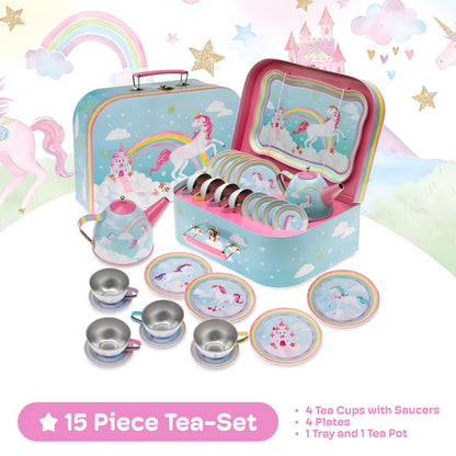 Jewelkeeper - Children's Tin Tea Set & Carry Case, Kids Pretend Play Kitchen Toy Dishes, 15-Pieces - Rainbow Unicorn Design
