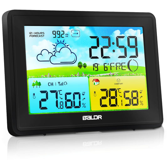 Wireless weather station with outdoor sensor, indoor and outdoor temperature/humidity, weather forecast, barometer, and moon phase. Digital color display with DCF radio clock, can be placed/hung, black.