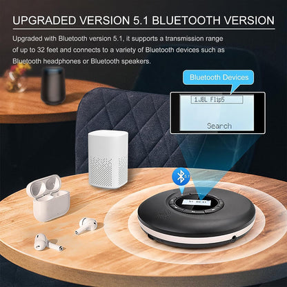 Portable CD player with Bluetooth rechargeable 1500mAh car CD player with Bluetooth and stereo dual speakers anti-skip for car home travel personal discman CD player portable