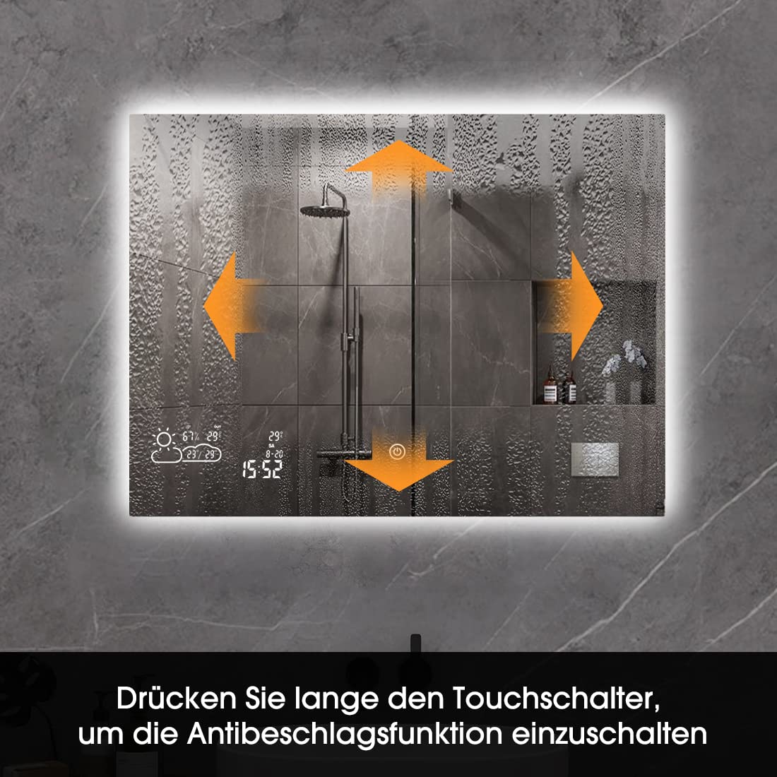 Goodbye cold LED bathroom mirror anti-fog 80x60 cm, bathroom mirror wall mirror light mirror with touch switch, WiFi weather station & date, smart mirror, horizontal
