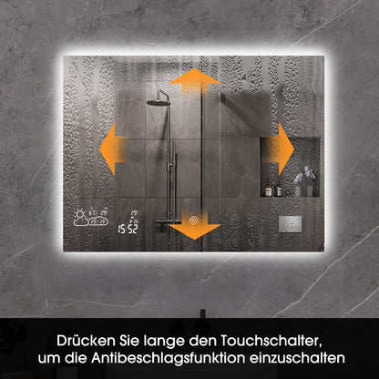 Goodbye cold LED bathroom mirror anti-fog 80x60 cm, bathroom mirror wall mirror light mirror with touch switch, WiFi weather station & date, smart mirror, horizontal