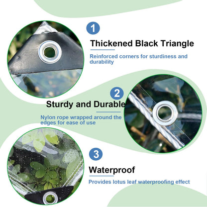 HIYOUGO Clear Tarp with Grommets 2.4x4m, Rainproof Tarpaulin, Transparent Cover for Gazebos, Pavilion, Balconies, Gardens, Plant Roof, Greenhouse Pet Hutch Roof