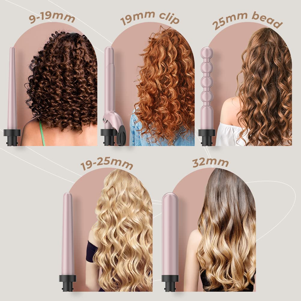 5-in-1 curling iron for big and small curls. Curler set with different attachments from 09-32mm. Ceramic waver with safety shut-off. Curling wand includes gloves and a 2.0m power cord.