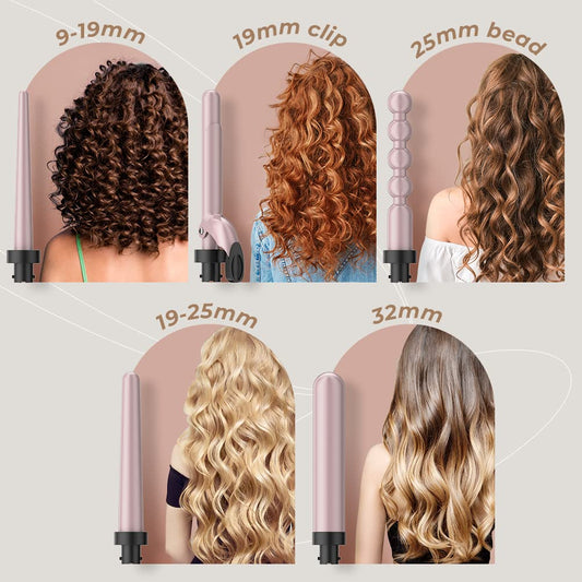5-in-1 curling iron for big and small curls. Curler set with different attachments from 09-32mm. Ceramic waver with safety shut-off. Curling wand includes gloves and a 2.0m power cord.
