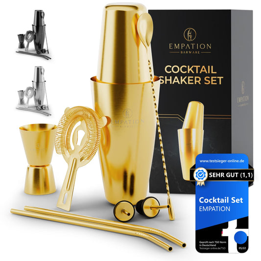 Empation Cocktail Shaker Gold, 8-piece cocktail set - 825ml stainless steel Boston shaker, minimalist cocktail accessories, bar set for beginners & pros, great as a gift.