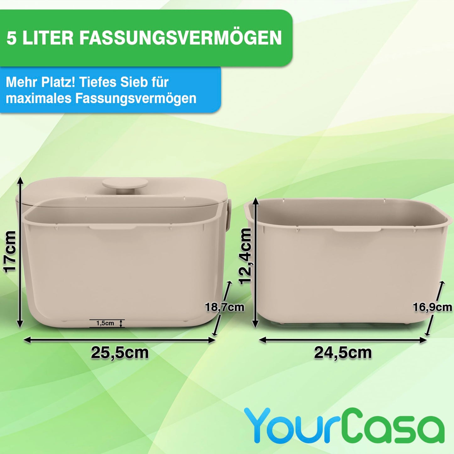 YourCasa 5L kitchen compost bin - for everyday organic waste - dishwasher safe - odor-proof with sieve & ergonomic handle - small compost bin for organic waste (cream)