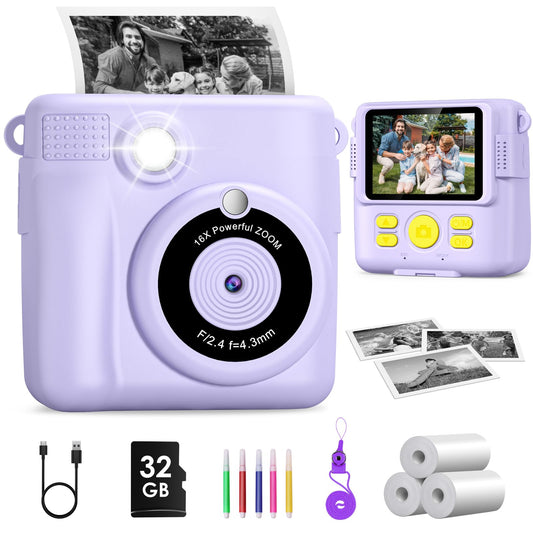 GREENKINDER Kids Camera Instant Camera, 1080P 2.4 Inch Instant Camera for Kids with Printing Paper & 32G Card, Kids Digital Camera with Colored Pens, Gift for Boys and Girls 3-12 Years