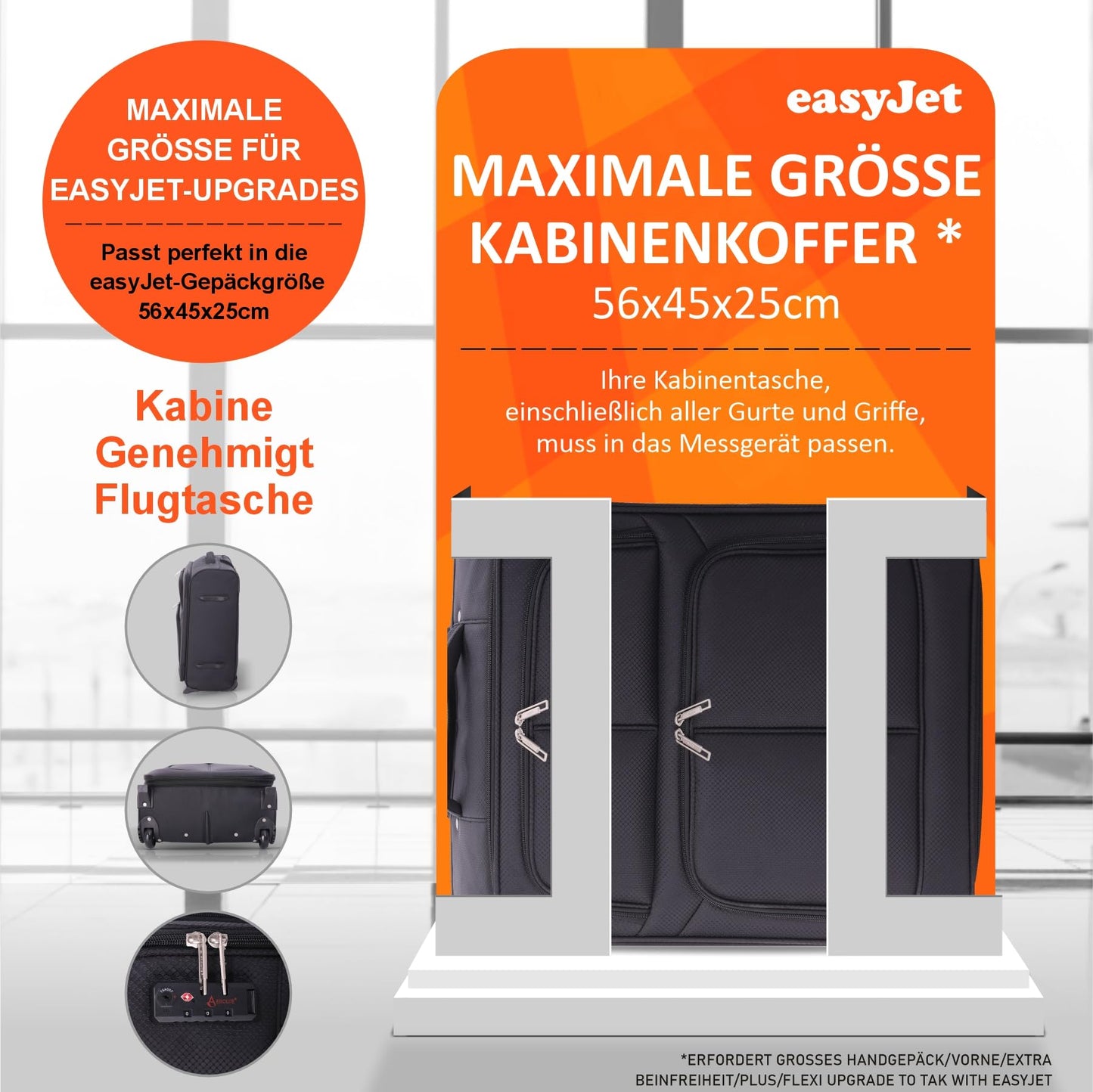 Aerolite 56x45x25 trolley suitcase approved for easyJet, British Airways, Jet2, Wizz Air. Maximum size 2 wheels 60L lightweight carry-on cabin luggage travel suitcase baggage, 10-year warranty in black.