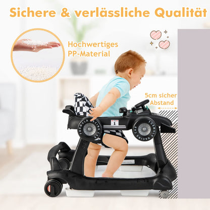 DREAMADE 4-in-1 auto-shaped baby walker with adjustable speed, music & lights. Height adjustable and foldable, suitable for babies aged 6 months and older.