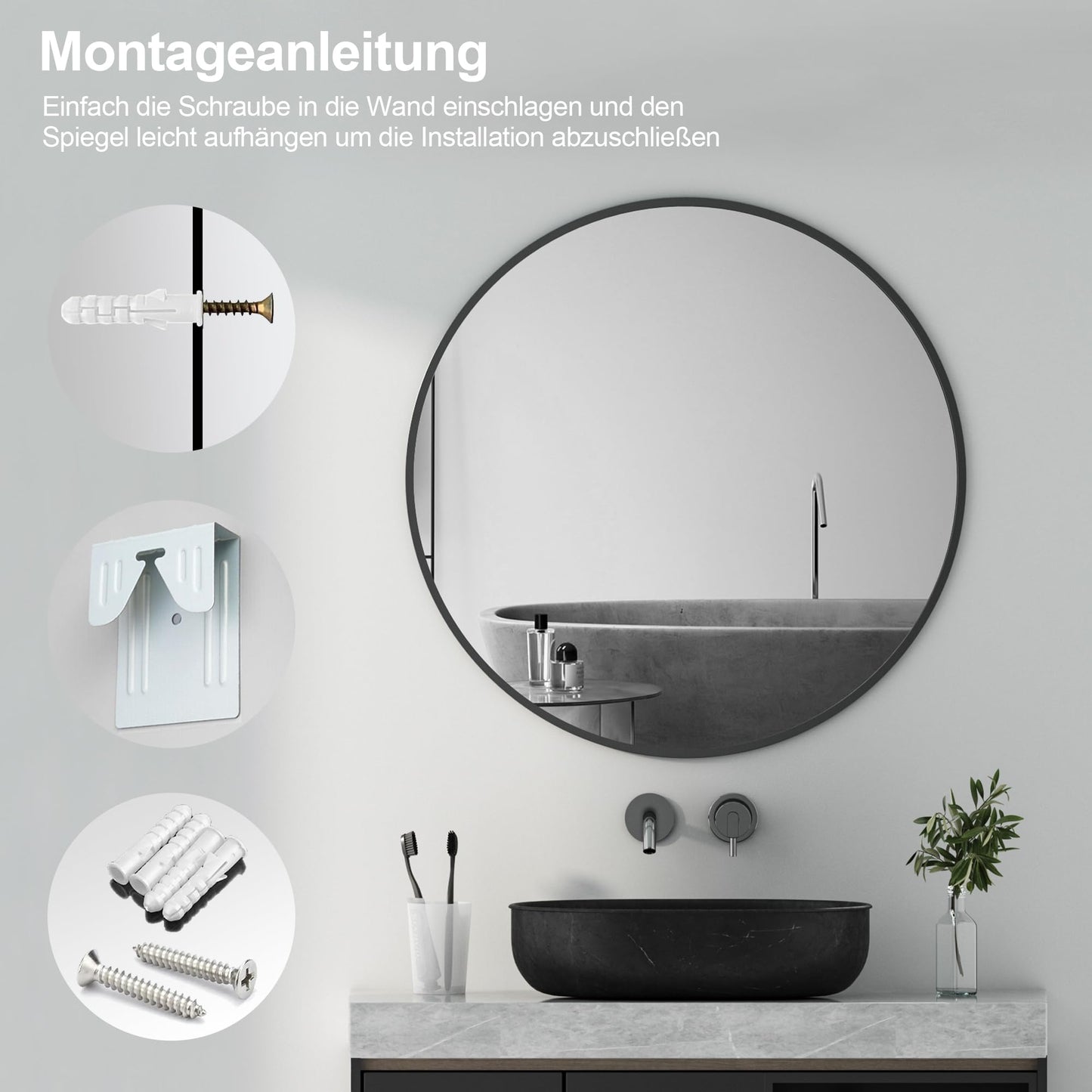Goeze's Round Mirror Black 60cm Round Bathroom Mirror Black Metal Frame Mirror Decorative Bathroom Wall Mirror for Bathroom, Living Room, Guest WC
