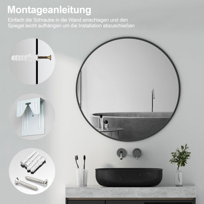 Goeze's Round Mirror Black 60cm Round Bathroom Mirror Black Metal Frame Mirror Decorative Bathroom Wall Mirror for Bathroom, Living Room, Guest WC