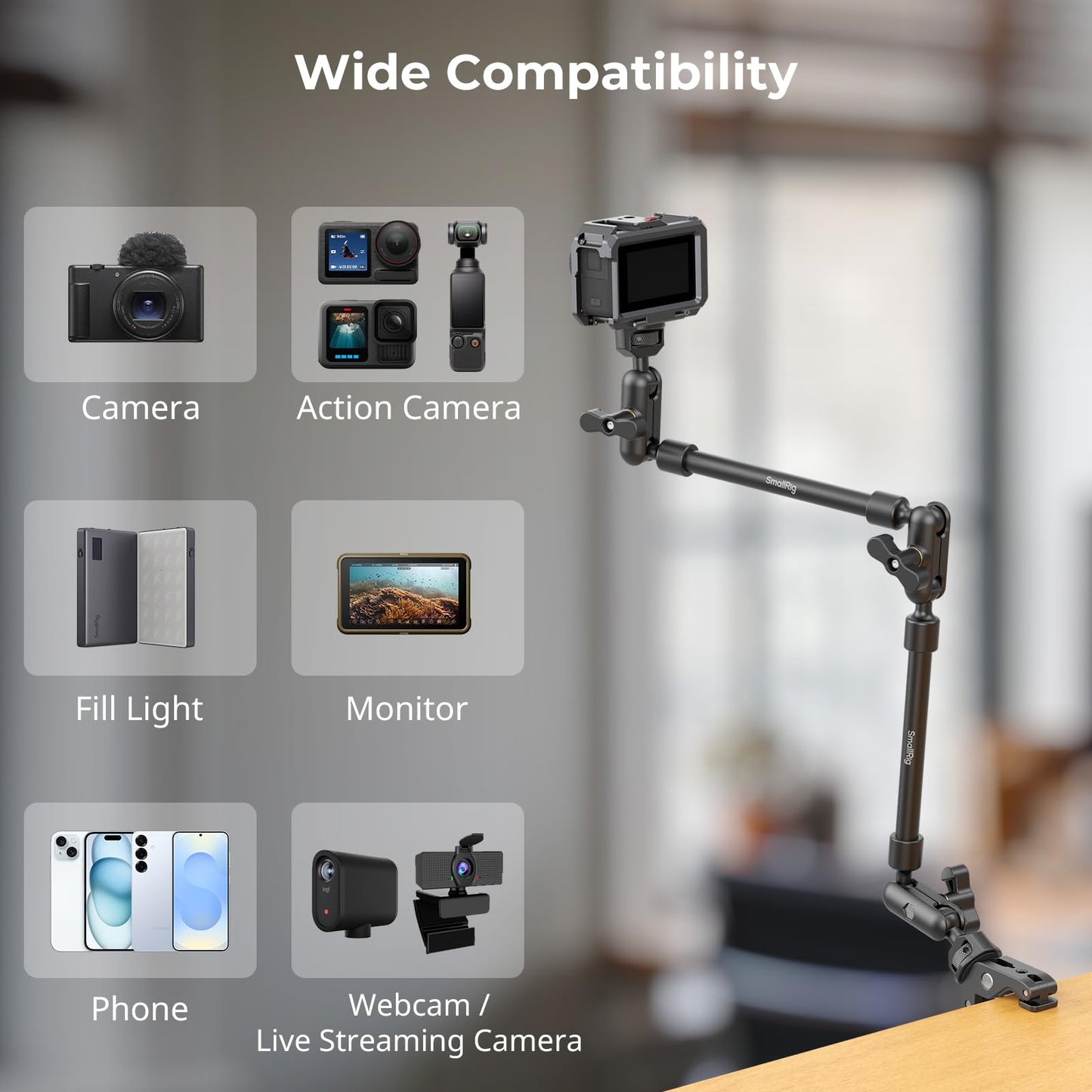 SMALLRIG 22" Magic Arm with Clamp, Flexible Camera Desk Mount & Clamp, Overhead Phone Holder, Articulating Arm with Friction Extension with 1/4" Thread, for light, webcam, microphone, action camera - 4766
