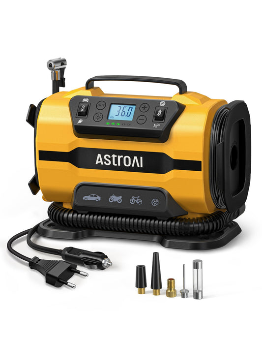 AstroAI Portable Air Compressor for Car 12V DC/230V AC Dual Power Sources, high-pressure up to 10.3 bar, max airflow of 350 L/min, versatile air pump for bike, car, inflatables, air mattress