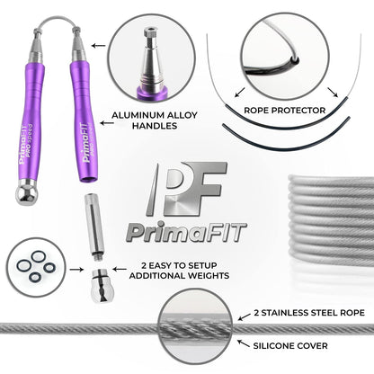 PrimaFIT adult Fitness Pro Speed Jump Rope 3m adjustable with weights, 2 ball bearings & anti-slip handles, professional skipping for boxing, MMA, Crossfit, extra steel rope, bag