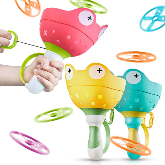 Outdoor toys for kids aged 4-8, including a flying saucer launcher game with 2 packs and 24 discs. Also, propeller toy for kids aged 3-6.