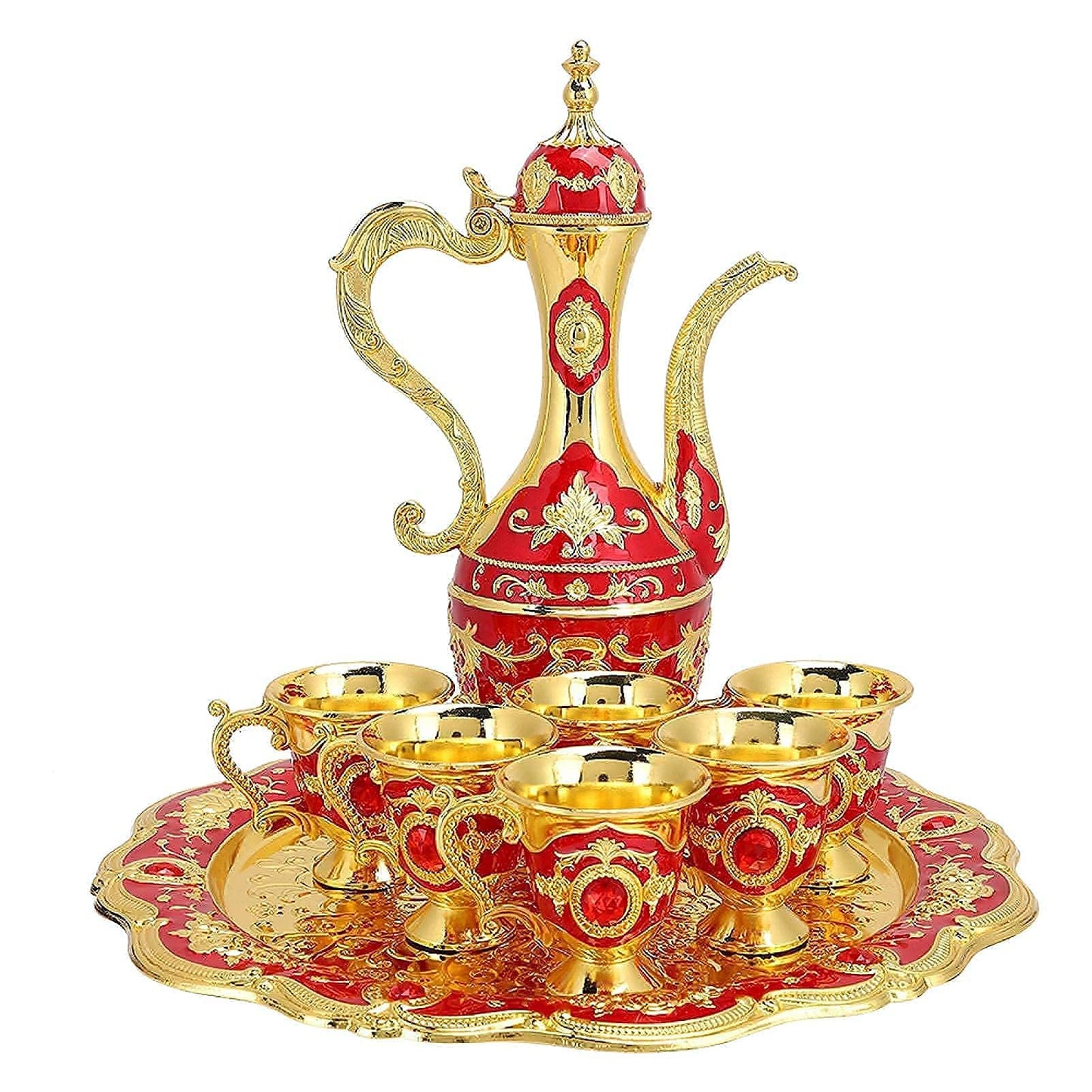 Turkish coffee set, 6-piece metal tea service with tray and gold decoration for traditional tea ceremony household accessories.