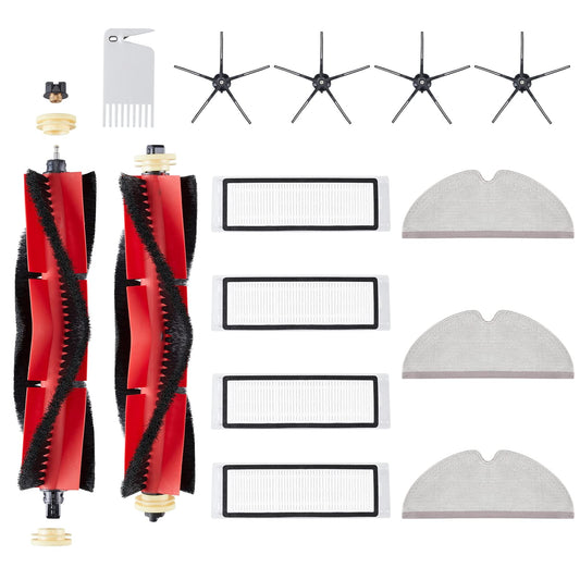 14-piece accessory set for Xiaomi Roborock S5 Max S6 Pure S6 MaxV S50 vacuum cleaner replacement parts. Includes 2 main brushes, 4 HEPA filters, 4 side brushes, 3 mopping cloths, and 1 tool (black).