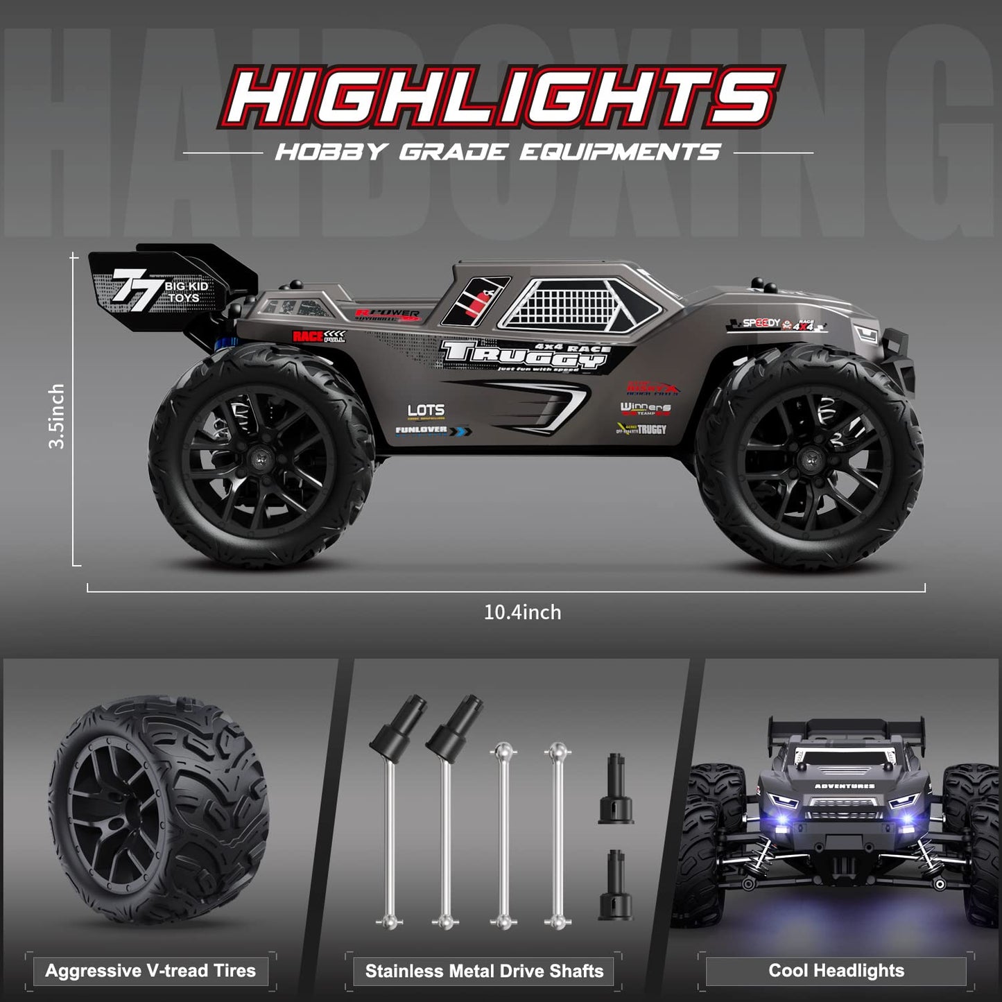 HAIBOXING Remote Control Car, 1:18 RC Cars 36 km/h Hobby RC Car with Lights, 2.4 GHz Waterproof 4WD Off-Road Outdoor Indoor Vehicle, 2 Battery Long Running Time (18868)