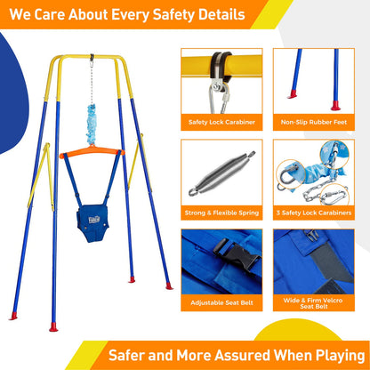 FUNLIO 2-in-1 Swing Set and Baby Door Jumper for toddlers, swing set for kids with 4 sandbags, foldable metal stand for indoor and outdoor use, easy to assemble and store.