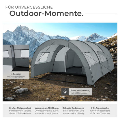 TECTAKE® tunnel tent, 6 people, family tent, large tent with awning and floor mat, UV protection, camping tent including carrying bag, 350 x 480 x 195 cm - dark gray/light gray.